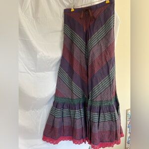 Peruvian Connection Purple, Burgundy & Green Striped Maxi Skirt 100% Linen Boho